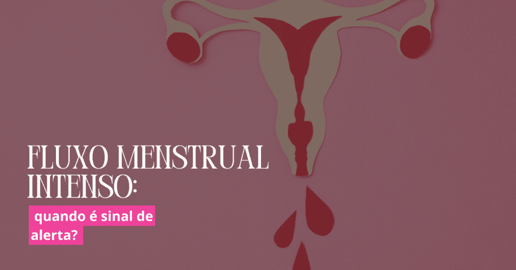 Fluxo menstrual intenso: quando é sinal de alerta? 1 Ilustração de útero com gotas vermelhas em fundo rosa, representando fluxo menstrual intenso.