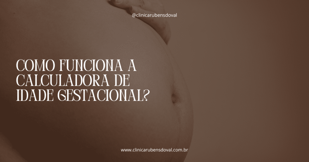 Como funciona a calculadora de idade gestacional? 1 Close de barriga de gestante com mão apoiada sobre o abdômen, destacando o período da gravidez.