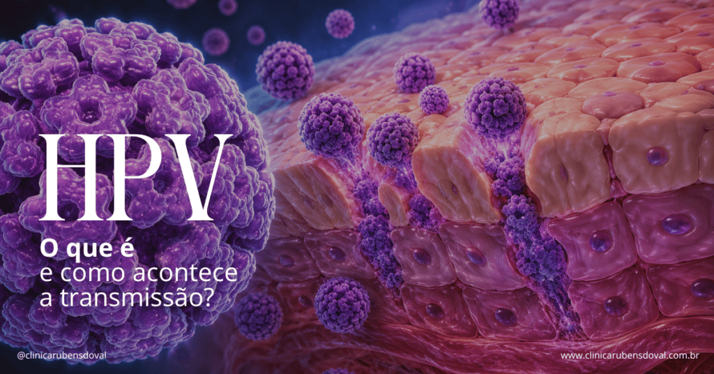 O que é HPV e como acontece a transmissão? 1 Arte sobre HPV e transmissão com ilustração do vírus